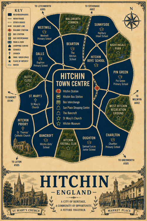 Vintage illustrated map poster of Hitchin, England, with a cream parchment background and dark navy neighbourhood areas centred on Hitchin Town Centre. The map shows labelled roads, railway line, Hitchin Station, bus station, bus interchange, park and ride, shopping centre, schools, churches, parks, green spaces and water features. Surrounding areas include Westmill, Walsworth Common, Sunnyside, Nightingale Park, Pin Green, Charlton, Oughton, Bancroft, Hitchin Priory, St Mary’s, Oalls, Bearton and Hitchin Boys’ School. Key landmarks include St Mary’s Church, Hitchin Museum, The Bancroft, Sun Place Shopping Centre, Hitchin Football Club, West Hitchin Recreation Ground and Walsworth Common. A decorative lower panel reads “HITCHIN, ENGLAND” with engraved-style illustrations of St Mary’s Church and Market Place, plus the subtitle “A city of heritage, a community of opportunity, a future together.” Mortgage Broker in Hitchin