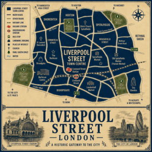 Vintage illustrated map poster of Liverpool Street, London, with a cream parchment background and dark navy neighbourhood blocks centred on Liverpool Street Town Centre. The map shows labelled roads, railway lines, Liverpool Street Station, Liverpool Street Underground station, bus stops, churches, parks and surrounding City and East London areas. Nearby areas and landmarks include Shoreditch, Hoxton, Spitalfields, Bishopsgate, Broadgate, Commercial Street, Brick Lane, Spitalfields Market, Old Spitalfields Market, Leadenhall Market, The Gherkin, Barbican Centre, Finsbury Circus Gardens, Hoxton Square, Allen Gardens and Christ Church Spitalfields. A decorative lower panel reads “LIVERPOOL STREET, LONDON” with engraved-style illustrations of Liverpool Street Station and the City of London, plus the subtitle “A historic gateway to the city.”