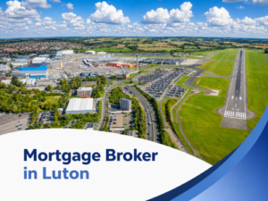 Promotional graphic showing a bright summer aerial view of Luton Airport with the runway, terminal buildings, roads, car parks and surrounding countryside under a blue sky with realistic white clouds. A curved white banner overlays the bottom with the headline “Mortgage Broker in Luton” in two blue brand tones, alongside layered blue swoosh accents on the right.