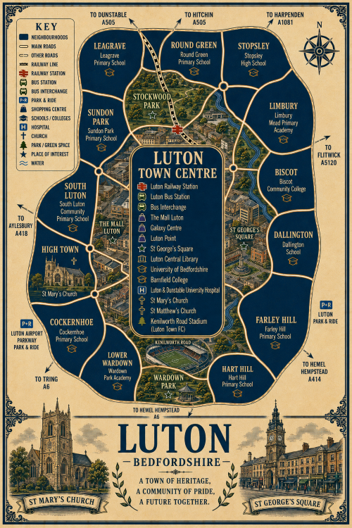 Vintage illustrated map poster of Luton, Bedfordshire, with a cream parchment background and dark navy neighbourhood areas centred on Luton Town Centre. The map shows labelled roads, railway line, Luton Railway Station, Luton Bus Station, bus interchange, park and ride, shopping centres, schools, colleges, university, hospital, churches, parks, green spaces and water features. Surrounding areas include Leagrave, Round Green, Stopsley, Limbury, Biscot, Dallington, Farley Hill, Hart Hill, Lower Wardown, Cockernhoe, High Town, South Luton and Sundon Park. Key landmarks include The Mall Luton, Galaxy Centre, Luton Point, St George’s Square, Luton Central Library, University of Bedfordshire, Barnfield College, Luton and Dunstable University Hospital, St Mary’s Church, St Matthew’s Church, Kenilworth Road Stadium, Stockwood Park and Wardown Park. A decorative lower panel reads “LUTON, BEDFORDSHIRE” with engraved-style illustrations of St Mary’s Church and St George’s Square, plus the subtitle “A town of heritage, a community of pride, a future together.” Mortgage Broker in Luton