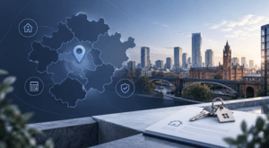 Mortgage Broker in Manchester with Greater Manchester map, location pin, Manchester skyline, property keys and mortgage document.