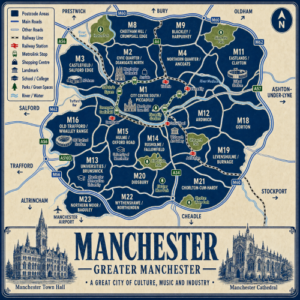 Illustrated blue and cream vintage-style map poster of Manchester, Greater Manchester, showing postcode areas including M1 City Centre South and Piccadilly, M2 Civic Quarter and Deansgate North, M3 Castlefield and Salford Edge, M4 Northern Quarter and Ancoats, M8 Cheetham Hill and Crumpsall Edge, M9 Blackley and Harpurhey, M11 Eastlands and Clayton, M12 Ardwick, M13 Universities and Brunswick, M14 Rusholme and Fallowfield, M15 Hulme and Oxford Road, M16 Old Trafford and Whalley Range, M18 Gorton, M19 Levenshulme and Burnage, M20 Didsbury, M21 Chorlton-cum-Hardy, M22 Wythenshawe and Northenden, and M23 Northern Moor and Baguley. The map includes major roads such as the M60, M62, M56, A6, A34, A56, A57 and A5103, railway lines, Metrolink stops, rivers and green spaces including Heaton Park, Alexandra Park, Piccadilly Gardens, Whitworth Park, Platt Fields Park, Fletcher Moss Park and Chorlton Water Park. Landmarks include Manchester Town Hall, Manchester Cathedral, AO Arena, Arndale, University of Manchester, Manchester Metropolitan University, Whitworth Art Gallery, Etihad Stadium and Old Trafford Stadium. A large title panel at the bottom reads “MANCHESTER GREATER MANCHESTER” with decorative illustrations of Manchester Town Hall and Manchester Cathedral.