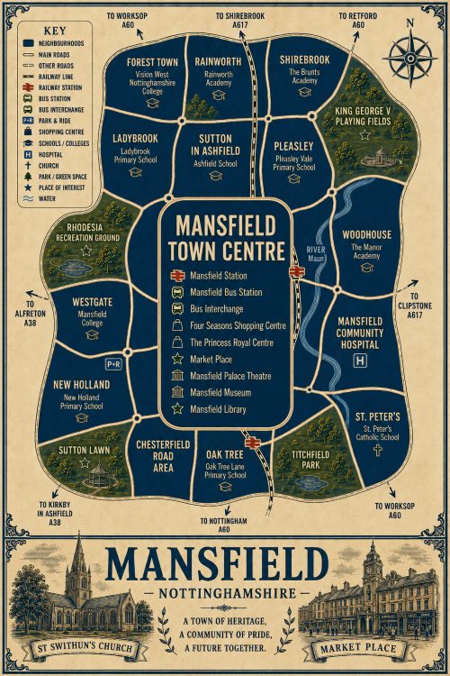Vintage illustrated map poster of Mansfield, Nottinghamshire, with a cream parchment background and dark navy neighbourhood areas centred on Mansfield Town Centre. The map shows labelled roads, railway lines, Mansfield Station, Mansfield Bus Station, bus interchange, park and ride, shopping centre, schools, colleges, hospital, churches, parks, green spaces and the River Maun. Surrounding areas include Forest Town, Rainworth, Shirebrook, Pleasley, Woodhouse, Westgate, Ladybrook, Sutton in Ashfield, Chesterfield Road Area, Oak Tree and St Peter’s. Key landmarks include Four Seasons Shopping Centre, The Princess Royal Centre, Market Place, Mansfield Palace Theatre, Mansfield Museum, Mansfield Library, Mansfield Community Hospital, Rhodesia Recreation Ground, King George V Playing Fields, Sutton Lawn and Titchfield Park. A decorative lower panel reads “MANSFIELD, NOTTINGHAMSHIRE” with engraved-style illustrations of St Swithun’s Church and Market Place, plus the subtitle “A town of heritage, a community of pride, a future together.” Mortgage Broker in Mansfield