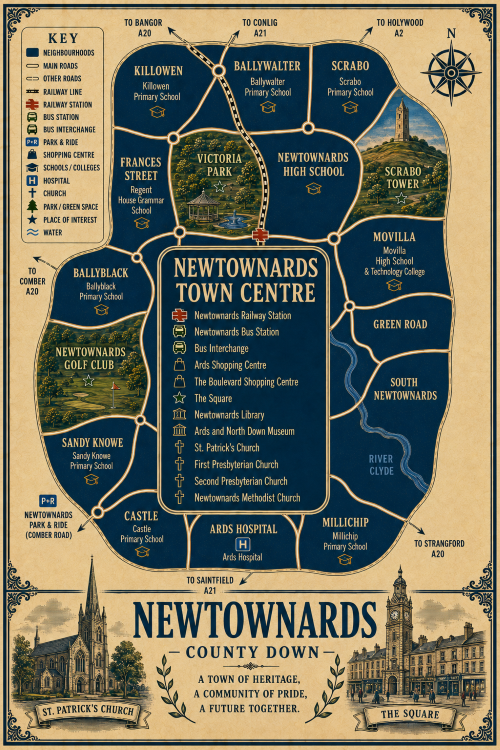 Vintage illustrated map poster of Newtownards, County Down, with a cream parchment background and dark navy neighbourhood areas centred on Newtownards Town Centre. The map shows labelled roads, railway line, Newtownards Railway Station, Newtownards Bus Station, bus interchange, park and ride, shopping centres, schools, hospital, churches, parks, green spaces and a waterway labelled River Clyde. Surrounding areas include Killowen, Ballywalter, Scrabo, Frances Street, Ballyblack, Sandy Knowe, Castle, Movilla, Green Road, South Newtownards and Millichip. Key landmarks include Ards Shopping Centre, The Boulevard Shopping Centre, The Square, Newtownards Library, Ards and North Down Museum, Ards Hospital, Victoria Park, Newtownards Golf Club, Scrabo Tower, St Patrick’s Church, First Presbyterian Church, Second Presbyterian Church and Newtownards Methodist Church. A decorative lower panel reads “NEWTOWNARDS, COUNTY DOWN” with engraved-style illustrations. Mortgage Broker in Newtownards