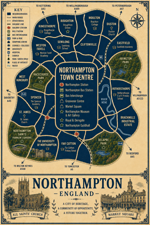 Vintage illustrated map poster of Northampton, England, with a cream parchment background and dark navy neighbourhood areas centred on Northampton Town Centre. The map shows labelled roads, railway lines, Northampton Station, Northampton Bus Station, bus interchange, park and ride, shopping centre, schools, colleges, university, hospital, churches, parks, green spaces and the River Nene. Surrounding areas include Kingsthorpe, Boughton, Moulton, Duston, Eastfield, Abington Park, Rothersthorpe, Brackmills Industrial Estate, Far Cotton, St James, Spencer and Weston Favell. Key landmarks include Grosvenor Centre, Market Square, Northampton Museum and Art Gallery, Royal & Derngate, Northampton Guildhall, Abington Park, Delapre Park, Racecourse Park, Franklin’s Gardens and the University of Northampton. A decorative lower panel reads “NORTHAMPTON, ENGLAND” with engraved-style illustrations of All Saints’ Church and Market Square, plus the subtitle “A city of heritage, a community of opportunity, a future together.” Mortgage Broker in Northampton