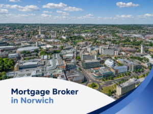 Promotional graphic showing a bright summer aerial view of Norwich with historic buildings, a tall church spire, roads and green spaces under realistic white clouds, with a white curved banner and blue swoosh accents reading “Mortgage Broker in Norwich” in two blue brand tones.