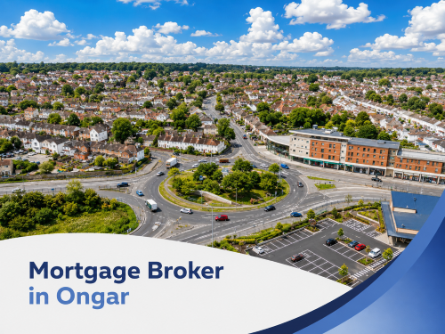 Promotional banner featuring a bright summer aerial view of Ongar town centre, showing a large roundabout, surrounding roads, housing, and retail buildings under realistic blue skies with white clouds. A white curved panel overlays the bottom of the image with the title “Mortgage Broker in Ongar” in two blue brand tones, while layered blue curved graphics frame the right side.