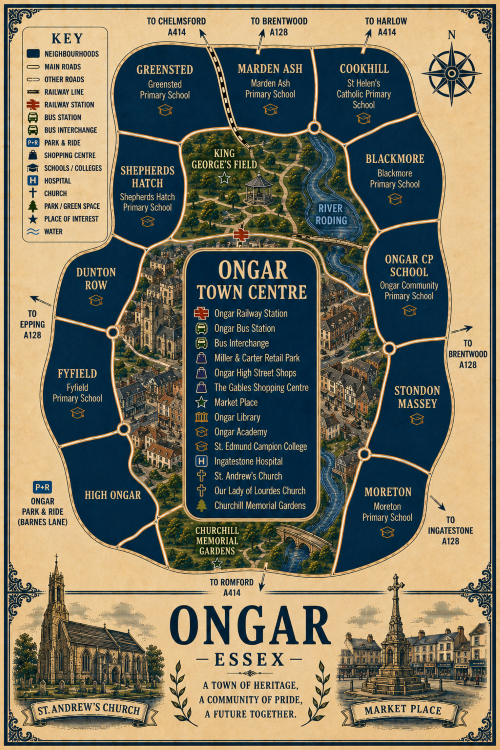 Vintage illustrated map poster of Ongar, Essex, with a cream parchment background and dark navy neighbourhood areas centred on Ongar Town Centre. The map shows labelled roads, railway line, Ongar Railway Station, Ongar Bus Station, bus interchange, park and ride, shopping areas, schools, hospital, churches, parks, green spaces and the River Roding. Surrounding areas include Greensted, Marden Ash, Cookhill, Blackmore, Ongar CP School, Stondon Massey, Moreton, High Ongar, Fyfield, Dunton Row and Shepherds Hatch. Key landmarks include Ongar High Street Shops, Miller and Carter Retail Park, The Gables Shopping Centre, Market Place, Ongar Library, Ongar Academy, St Edmund Campion College, St Andrew’s Church, Our Lady of Lourdes Church, King George’s Field and Churchill Memorial Gardens. A decorative lower panel reads “ONGAR, ESSEX” with engraved-style illustrations of St Andrew’s Church and Market Place, plus the subtitle “A town of heritage, a community of pride, a future together.” Mortgage Broker in Ongar