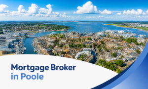 A promotional banner showing a bright summer aerial view of Poole, with the harbour, waterways, marina, and town buildings under realistic white clouds and blue skies. A curved white and blue graphic panel overlays the bottom of the image, featuring the two-tone title “Mortgage Broker in Poole” in dark and light blue text.