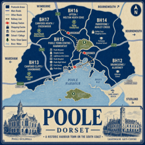 Illustrated blue and cream vintage-style map poster of Poole, Dorset, showing postcode areas including BH12 Branksome and Alderney, BH13 Canford Cliffs and Sandbanks, BH14 Parkstone and Ashley Cross, BH15 Poole Town Centre and Hamworthy, BH16 Upton and Holton Heath Edge, and BH17 Canford Heath and Creekmoor. The map includes Poole Harbour, Holes Bay, Brownsea Island, Sandbanks Beach, major roads such as the A35, A349, A350 and A3049, railway lines, Poole, Parkstone and Hamworthy stations, and green spaces including Poole Park, Upton Country Park, Canford Heath Nature Reserve and Whitecliff Park. Landmarks include Poole Museum, Dolphin Centre, Lighthouse Arts Centre, Poole Hospital, Poole High School, Poole Quay, Ashley Cross Shopping Centre and Parkstone Grammar School. The title panel at the bottom reads “POOLE DORSET” with decorative illustrations of Poole Guildhall and Lighthouse Arts Centre.
