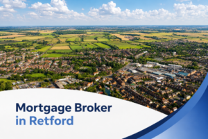Promotional banner showing a bright summer aerial view of Retford with green fields and residential streets under a blue sky, overlaid with a white curved panel and blue brand accents containing the title “Mortgage Broker in Retford” in two shades of blue.
