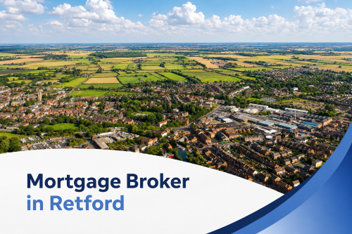 Promotional banner showing a bright summer aerial view of Retford with green fields and residential streets under a blue sky, overlaid with a white curved panel and blue brand accents containing the title “Mortgage Broker in Retford” in two shades of blue.