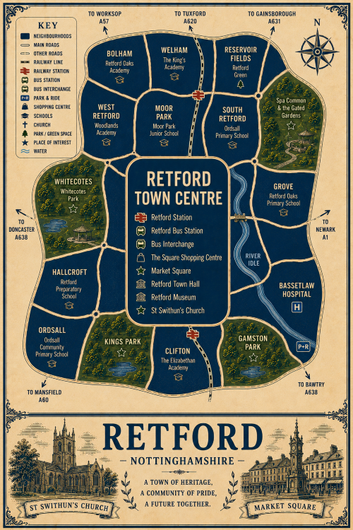 Vintage illustrated map poster of Retford, Nottinghamshire, with a cream parchment background and dark navy neighbourhood areas centred on Retford Town Centre. The map shows labelled roads, railway line, Retford Station, Retford Bus Station, bus interchange, park and ride, shopping centre, schools, hospital, churches, parks, green spaces and the River Idle. Surrounding areas include Bolham, Welham, Reservoir Fields, West Retford, Moor Park, South Retford, Grove, Hallcroft, Ordsall, Kings Park, Clifton and Gamston Park. Key landmarks include The Square Shopping Centre, Market Square, Retford Town Hall, Retford Museum, St Swithun’s Church, Bassetlaw Hospital, Spa Common and the Gated Gardens, Whitecotes Park, Kings Park and Gamston Park. A decorative lower panel reads “RETFORD, NOTTINGHAMSHIRE” with engraved-style illustrations of St Swithun’s Church and Market Square, plus the subtitle “A town of heritage, a community of pride, a future together.” Mortgage Broker in Retford