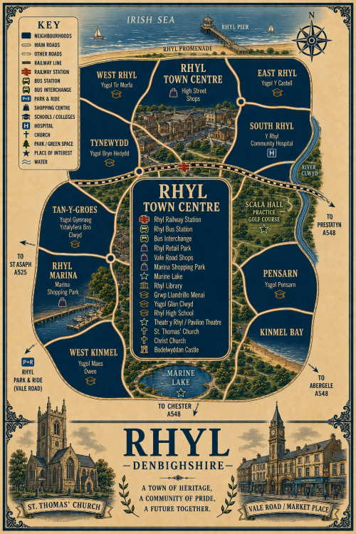 Vintage illustrated map poster of Rhyl, Denbighshire, designed for a Mortgage Broker in Rhyl, with a cream parchment background and dark navy neighbourhood areas centred on Rhyl Town Centre. The map shows labelled roads, railway line, Rhyl Railway Station, Rhyl Bus Station, bus interchange, park and ride, shopping areas, schools, hospital, churches, parks, water features, marina and the Irish Sea coastline. Surrounding areas include West Rhyl, East Rhyl, South Rhyl, Tynewydd, Tan-y-Groes, Rhyl Marina, West Kinmel, Pensarn and Kinmel Bay. Key landmarks include Rhyl Promenade, Rhyl Pier, High Street shops, Vale Road shops, Marina Lake, Rhyl Library, Theatre Rhyl, Pavilion Theatre, St Thomas’ Church, Christ Church, Bodelwyddan Castle and Vale Road Market Place. A decorative lower panel reads “RHYL, DENBIGHSHIRE” with engraved-style illustrations of St Thomas’ Church and Vale Road Market Place, plus the subtitle “A town of heritage, a community of pride, a future together.”