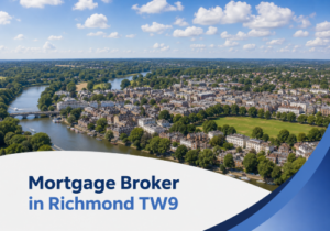 Promotional banner featuring a bright summer aerial view of Richmond TW9 with the River Thames winding past clusters of houses and leafy green spaces. A white cloud-shaped panel overlays the lower part of the image, displaying the title “Mortgage Broker in Richmond TW9” in two shades of blue, with curved blue brand accents on the right.