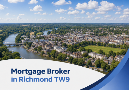 Promotional banner featuring a bright summer aerial view of Richmond TW9 with the River Thames winding past clusters of houses and leafy green spaces. A white cloud-shaped panel overlays the lower part of the image, displaying the title “Mortgage Broker in Richmond TW9” in two shades of blue, with curved blue brand accents on the right.