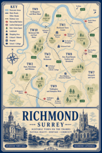 Illustrated blue and cream vintage-style map poster of Richmond, Surrey, showing postcode areas including TW1 Richmond Town Centre, TW10 Richmond Hill and East Sheen, TW9 St Margarets and Moor Mead, TW3 North Richmond, TW8 Kew, Royal Botanic Gardens and Brentford, TW7 Isleworth and Syon, TW2 Ham, Petersham and Whitton, and TW9 Teddington and Hampton Wick. The map includes the River Thames, Richmond Bridge, major roads such as the A305, A316, A315, A310, A3004 and A307, railway and Underground stations, parks and green spaces including Richmond Green, Richmond Hill, Ham Common, Marble Hill Park, Gunnersbury Park, Royal Botanic Gardens Kew, Syon Park and Bushy Park. Landmarks include Richmond Theatre, The Quadrant, Richmond Castle, West Middlesex University Hospital, St Richard Reynolds Catholic College and St Mary’s University. A large title panel at the bottom reads “RICHMOND SURREY” with decorative illustrations of Richmond Town Hall, Richmond Bridge and a church labelled Richmond Cathedral.