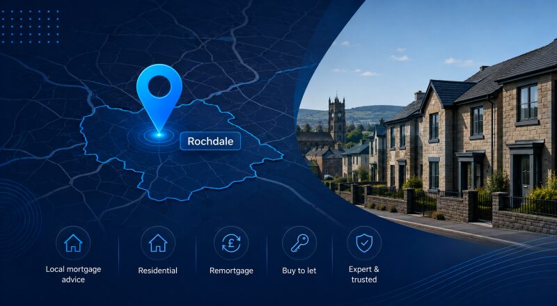 Mortgage Broker in Rochdale location map with a blue pin, local homes and mortgage service icons.
