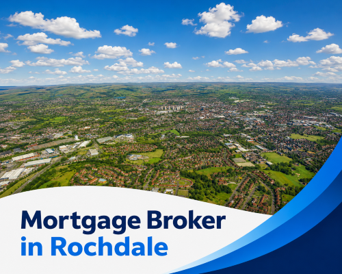 Bright summer aerial view of Rochdale with dense residential neighbourhoods, green hills, commercial buildings and realistic clouds, with branded blue and white graphics reading “Mortgage Broker in Rochdale”.