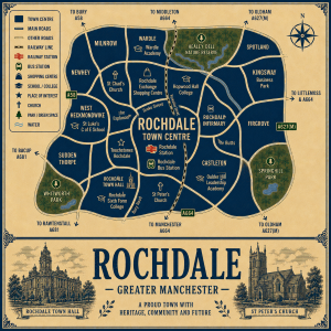 Vintage illustrated map poster of Rochdale, Greater Manchester, with a cream parchment background and dark navy neighbourhood areas centred on Rochdale Town Centre. The map shows labelled roads, railway line, Rochdale Station, Rochdale Bus Station, schools, churches, shopping areas, parks, green spaces and waterways. Surrounding areas include Milnrow, Wardle, Spotland, Newhey, Sudden Thorpe, Castleton, Firgrove, Kingsway and Whitworth Park. Key landmarks include Rochdale Town Hall, Rochdale Exchange Shopping Centre, Touchstones Rochdale, Rochdale Infirmary, Hopwood Hall College, Rochdale Sixth Form College, St Chad’s Church, St Peter’s Church, Healey Dell Nature Reserve and Springhill Park. A decorative lower panel reads “ROCHDALE, GREATER MANCHESTER” with engraved-style illustrations of Rochdale Town Hall and St Peter’s Church, plus the subtitle “A proud town with heritage, community and future.”