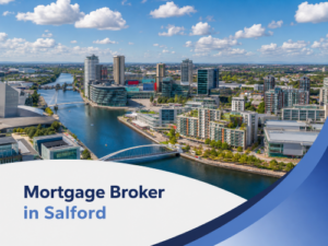 Promotional banner showing a bright summer aerial view of Salford Quays with blue water, modern waterfront buildings, bridges, and large fluffy clouds under a clear blue sky, with a white curved panel at the bottom displaying the title “Mortgage Broker in Salford” in two shades of blue and blue branded swooshes on the right.