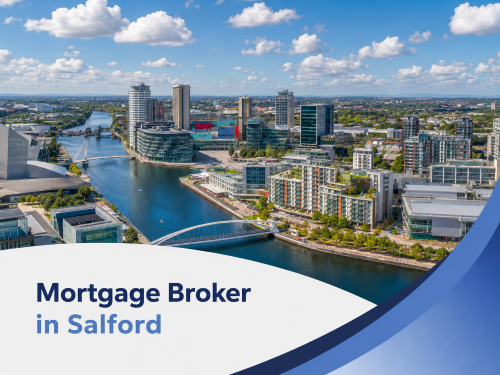 Promotional banner showing a bright summer aerial view of Salford Quays with blue water, modern waterfront buildings, bridges, and large fluffy clouds under a clear blue sky, with a white curved panel at the bottom displaying the title “Mortgage Broker in Salford” in two shades of blue and blue branded swooshes on the right.