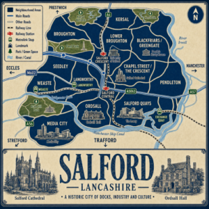 Vintage illustrated map poster of Salford with a cream parchment background and dark navy neighbourhood blocks, showing areas such as Broughton, Kersal, Lower Broughton, Blackfriars/Greengate, Seedley, Weaste, Langworthy, Ordsall, Pendleton, Salford Quays and Media City. The map includes labelled roads, railway lines, Metrolink stops, parks and waterways, including the River Irwell, Bridgewater Canal and Manchester Ship Canal. Landmarks shown include the University of Salford, Salford Cathedral, Ordsall Hall, The Lowry and MediaCity. A decorative lower panel reads “SALFORD, LANCASHIRE” and includes engraved-style illustrations of Salford Cathedral and Ordsall Hall, with the subtitle “A historic city of docks, industry and culture.”