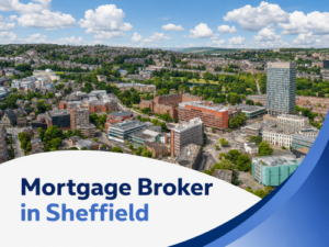 Promotional graphic showing a sunny aerial view of Sheffield with modern city buildings, green parkland and residential neighbourhoods under a blue sky with large white clouds. A white curved banner at the bottom contains the headline “Mortgage Broker in Sheffield” in two blue brand tones, with layered blue wave shapes on the right. Mortgage Broker in Sheffield