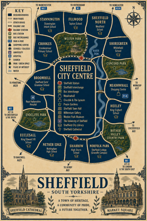 Vintage illustrated map poster of Sheffield, South Yorkshire, with a cream parchment background and dark navy neighbourhood areas centred on Sheffield City Centre. The map shows labelled roads, railway lines, Sheffield Station, Sheffield Interchange, bus interchange, park and ride, shopping centres, schools, universities, hospital, churches, parks, green spaces and the River Don. Surrounding areas include Stannington, Fulwood, Sheffield North, Shiregreen, Meadowhall, Heeley, Norfolk Park, Sharrow, Nether Edge, Ecclesall, Broomhill and Crookes. Key landmarks include Meadowhall, Crucible and Lyceum theatres, Peace Gardens, Sheffield Town Hall, Millennium Gallery, Weston Park Museum, University of Sheffield, Sheffield City Library, Sheffield Cathedral, Weston Park, Endcliffe Park, Concord Park and Rother Valley Country Park. A decorative lower panel reads “SHEFFIELD, SOUTH YORKSHIRE” with engraved-style illustrations of Sheffield Cathedral and Market Square, plus the subtitle “A town of heritage, a community of pride, a future together.” Mortgage Broker in Sheffield