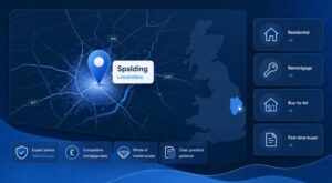 Mortgage Broker in Spalding location map with mortgage service icons in dark blue and light blue.