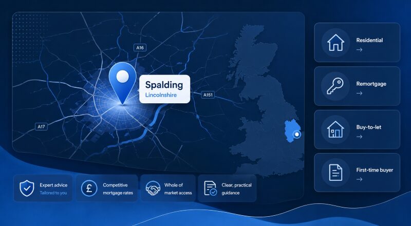 Mortgage Broker in Spalding location map with mortgage service icons in dark blue and light blue.