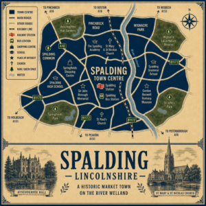 Vintage illustrated map poster of Spalding, Lincolnshire, with a cream parchment background and dark navy neighbourhood areas centred on Spalding Town Centre. The map shows labelled roads, railway line, Spalding Station, bus station, schools, churches, shopping areas, parks, green spaces and the River Welland. Surrounding areas include Pinchbeck Road, Wignacre Park, Spalding Common, Springfields Park and St John’s Park. Key landmarks include Springfields Shopping Centre, Ayscoughfee Hall Gardens, The Spalding Academy, Spalding Grammar School, Sir John Borrough Memorial, Gordon Boswell Romany Museum, St Paul’s Church and St Mary & St Nicolas Church. A decorative lower panel reads “SPALDING, LINCOLNSHIRE” with engraved-style illustrations of Ayscoughfee Hall and St Mary & St Nicolas Church, plus the subtitle “A historic market town on the River Welland.”