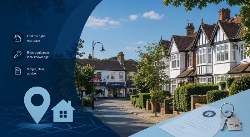 Mortgage Broker in Stanmore location guide with local homes, property keys and mortgage advice icons