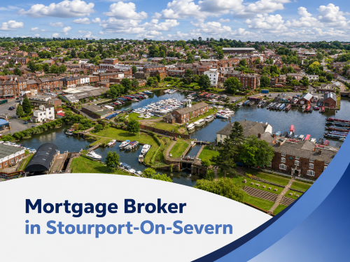 Promotional graphic for a mortgage broker in Stourport-On-Severn, featuring a bright summer aerial view of the town’s riverside marina with boats, canals, and surrounding buildings under a blue sky with large white clouds. A curved white banner across the bottom displays the headline “Mortgage Broker in Stourport-On-Severn” in two shades of blue, with a blue wave design on the right.