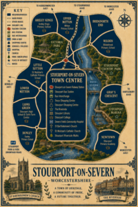Mortgage Broker in Stourport-On-Severn Vintage illustrated map poster of Stourport-on-Severn, Worcestershire, with a cream parchment background and dark navy neighbourhood areas centred on Stourport-on-Severn Town Centre. The map shows labelled roads, railway line, Stourport-on-Severn Railway Station, Stourport Bus Station, bus interchange, park and ride, shopping centres, schools, hospital, churches, parks, green spaces and the River Severn. Surrounding areas include Areley Kings, Upper Mitton, Bridgnorth End, Wilden, Gray’s Crescent, Newtown, Dunley, Lions Green, Lower Mitton, Little Sutton and Victoria Park. Key landmarks include The Riverside, Stourport Marina, Stourport Country Park, Victoria Park, Stourport Library, Stourport College, Severn Fields Community Hospital, St Bartholomew’s Church, St Wulstan’s Catholic Church and Stourport Riverside Walks. A decorative lower panel reads “STOURPORT-ON-SEVERN, WORCESTERSHIRE” with engraved-style illustrations of St Bartholomew’s Church and The Riverside, plus the subtitle “A town of heritage, a community of pride, a future together.” Mortgage Broker in Stourport-On-Severn