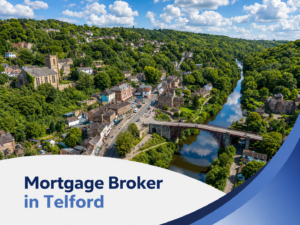 Promotional graphic for a mortgage broker in Telford, showing a bright summer aerial view of a leafy riverside town with a church, clustered homes, a bridge crossing the river, and realistic white clouds in a blue sky. A white curved banner overlays the bottom left with the title “Mortgage Broker in Telford” in two shades of blue, alongside matching blue branded design accents on the right.