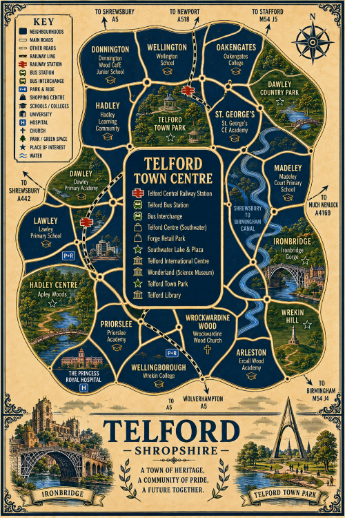 Vintage illustrated map poster of Telford, Shropshire, with a cream parchment background and dark navy neighbourhood areas centred on Telford Town Centre. The map shows labelled roads, railway line, Telford Central Station, Telford Bus Station, bus interchange, park and ride, shopping centre, schools, hospital, churches, parks, green spaces and water features. Surrounding areas include The Wrekin, Wellington, Hadley, Dawley, Madeley, Lawley, Donnington, Priorslee, Drayton, St Georges Park, Stirchley, Brookside and Hollinswood. Key landmarks include Telford Centre, Southwater One, Southwater Square, Telford Library, The Ironbridge Gorge Museum Trust, Holy Trinity Church, Dawley Country Park, Central Park, Wrekin Forest and St George’s Park. A decorative lower panel reads “TELFORD, SHROPSHIRE” with engraved-style illustrations of Holy Trinity Church and Market Square, plus the subtitle “A town of heritage, a community of pride, a future together.” Mortgage Broker in Telford
