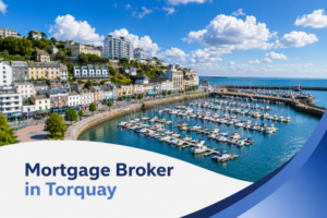 Mortgage Broker in Torquay graphic showing Torquay harbour, marina boats, coastal buildings, blue sky and branded curved overlay text.