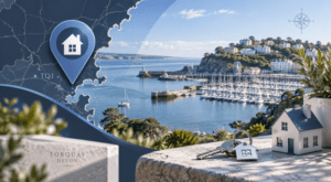 Mortgage Broker in Torquay location graphic featuring Torquay harbour, marina, coastal homes, a map pin, house icon and property keys.