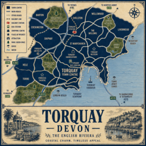 Vintage illustrated map poster of Torquay, Devon, with a cream parchment background and dark navy neighbourhood areas centred on Torquay Town Centre. The map shows labelled roads, railway line, Torquay Station, bus station, beaches, parks, green spaces, harbour and coastal waters. Surrounding areas include Barton, Cockington, Shiphay, Chelston, Wellswood, Livermead, St Marychurch, The Willows, Hele, Torre and Torquay Seafront. Key landmarks include Torquay Harbour, Torquay Harbourside, Torquay Museum, Princess Theatre, Torbay Hospital, Abbey Park, Cockington Country Park, King’s Ash Park, Torre Abbey Meadows, Meadfoot Beach, Corbyn Beach and Torre Abbey Sands. A decorative lower panel reads “TORQUAY, DEVON” with engraved-style seaside illustrations, plus the subtitle “The English Riviera, coastal charm, timeless appeal.”