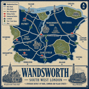 Vintage illustrated map poster of Wandsworth, South West London, with Wandsworth Town at the centre and surrounding areas including Putney, East Putney, Southfields, Earlsfield, Battersea and Clapham Junction. The map uses a cream parchment background with dark navy neighbourhood blocks, pale blue rivers, green parks and commons, and labelled transport links including Putney, Wandsworth Town, Earlsfield, East Putney and Southfields stations. Landmarks shown include Wandsworth Town Hall, Southside Shopping Centre, Wandsworth Park, Battersea Park, Wandsworth Common and the Ram Brewery. A decorative bottom panel reads “WANDSWORTH, SOUTH WEST LONDON” and features engraved-style illustrations of Wandsworth Town Hall and the Ram Brewery.