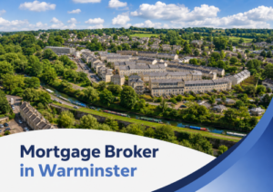 Promotional graphic showing a bright summer aerial view of Warminster with rows of stone houses, green trees, and a canal running through the foreground under realistic fluffy clouds. A white curved banner across the bottom displays the title “Mortgage Broker in Warminster” in two shades of blue, with layered blue branded swooshes on the right.