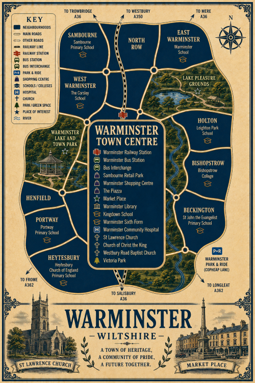 Mortgage Broker in Warminster Vintage illustrated map poster of Warminster, Wiltshire, with a cream parchment background and dark navy neighbourhood areas centred on Warminster Town Centre. The map shows labelled roads, railway line, Warminster Railway Station, Warminster Bus Station, bus interchange, park and ride, shopping areas, schools, hospital, churches, parks, green spaces and a river running through the area. Surrounding areas include Sambourne, North Row, East Warminster, West Warminster, Henfield, Portway, Heytesbury, Holton, Bishopstrow and Beckington. Key landmarks include Warminster Lake and Town Park, Lake Pleasure Grounds, Sambourne Retail Park, Warminster Shopping Centre, The Piazza, Market Place, Warminster Library, Kingdown School, Warminster Sixth Form, Warminster Community Hospital, St Lawrence Church, Church of Christ the King, Westbury Road Baptist Church and Victoria Park. A decorative lower panel reads “WARMINSTER, WILTSHIRE” with engraved-style illustrations of St Lawrence Church and Market Place, plus the subtitle “A town of heritage, a community of pride, a future together.” Mortgage Broker in Warminster