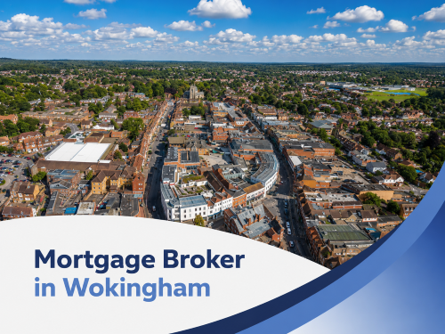 Promotional graphic for a mortgage broker in Wokingham, featuring a bright summer aerial view of Wokingham town centre with detailed buildings and streets under realistic clouds and blue sky. A clean white curved panel overlays the bottom of the image with a two-tone blue title reading “Mortgage Broker in Wokingham,” alongside flowing blue branded accent shapes on the right.