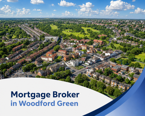 Bright summer aerial view of Woodford Green with leafy residential streets, shops, parkland and realistic clouds, with branded blue and white graphics reading “Mortgage Broker in Woodford Green”.