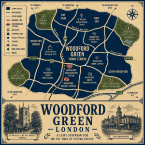 Vintage illustrated map poster of Woodford Green, London, with a cream parchment background and dark navy neighbourhood areas centred on Woodford Green Town Centre. The map shows labelled roads, railway line, Woodford Underground Station, bus stops, schools, churches, parks, green spaces and nearby forest areas. Surrounding areas include Woodford Bridge, Ray Park, Hale End, South Woodford and Chigwell Road. Key landmarks include The Broadway Shopping Area, Woodford Green Library, St Michael and All Angels Church, Woodford County High School, Woodford Green Primary School, Woodford Green Prep School, George Lane Playing Fields, South Woodford Recreation Ground, Epping Forest and Redbridge Sports Centre. A decorative lower panel reads “WOODFORD GREEN, LONDON” with engraved-style illustrations of St Michael and All Angels Church and The Broadway, plus the subtitle “A leafy suburban gem on the edge of Epping Forest.”