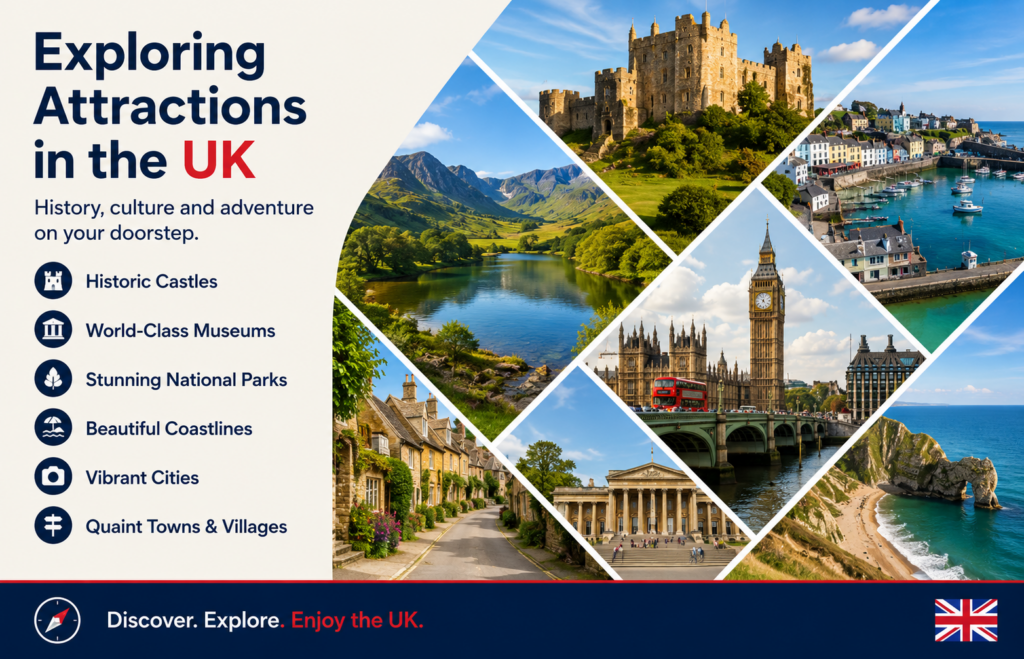 “Exploring Attractions in the UK travel infographic showcasing historic castles, world-class museums, national parks, coastlines, vibrant cities, and quaint towns and villages, with a collage of iconic UK landmarks and scenic destinations.” Moving within the UK