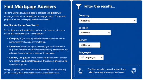 Moving within the UK adviser search tool showing filters for company, location, gender and language to help users find relevant mortgage advisers across the UK.