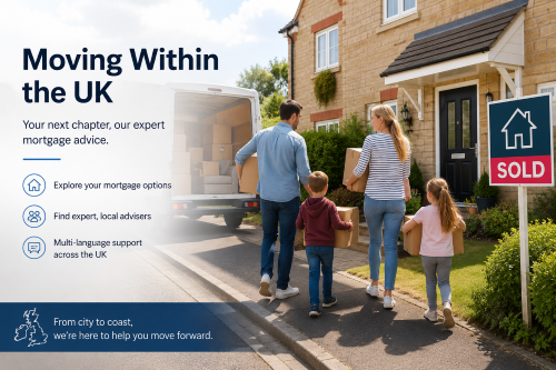 Family carrying moving boxes towards a new UK home, with a sold sign and moving van, representing mortgage advice for people moving within the UK.