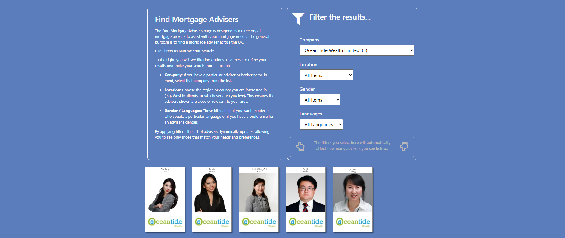 Find Mortgage Advisers page showing the Ocean Tide Wealth Limited company filter selected, with filter options for location, gender and language, and five Ocean Tide Wealth adviser profile cards displayed below.